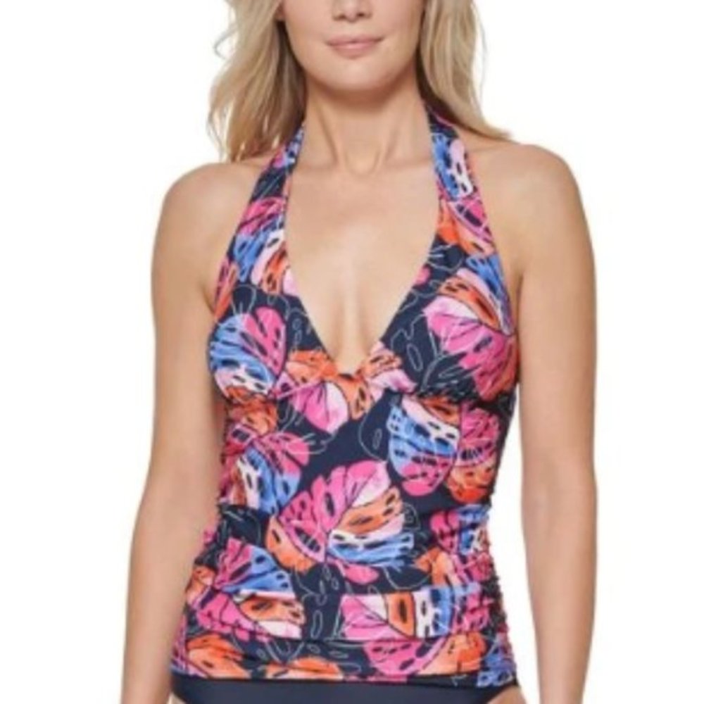 Tommy Hilfiger Monstera Leaf Sky Captain Halter Tankini Swim Top Navy
